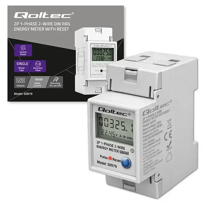 Qoltec Single-phase electronic energy consumption meter for DIN rail | RESET | periodic and continuous meter | 230V | 60A | LCD | LED | 2P Фото num