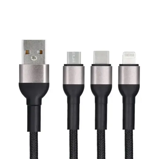 Cable 3in1 USB A to Lightning / Micro USB / USB C Blue Star 2,4A with braid 1,2 m TFK-DC-010 black Photo