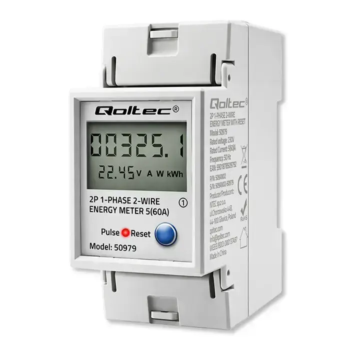 Qoltec Single-phase electronic energy consumption meter for DIN rail | RESET | periodic and continuous meter | 230V | 60A | LCD | LED | 2P Фото num