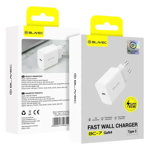 Blavec Wall charger BC-7 GaN4 - Type C - PD QC 45W 3A (TCBC7G4-CW453A) white Foto 8