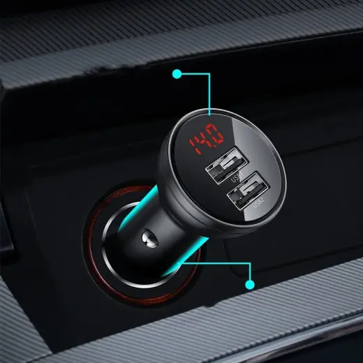 Зарядка для автомобиля Baseus Digital Display Dual USB 4.8A | 24W | USB-A, USB-C, micro USB, Lightning | с кабелем USB-A на USB-C, micro USB, Lightning в комплекте | с LCD дисплеем | черная Фото num