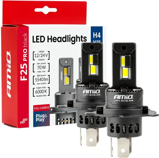 LED car bulbs series f25 pro black full canbus h4 h19 70w 12v 24v amio-04719