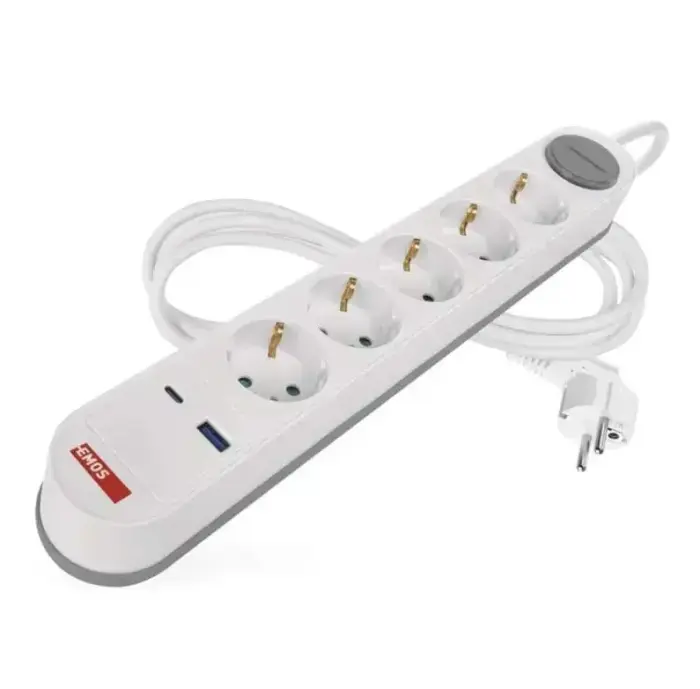 Extension cord 3 m / 5 sockets / switch / white-grey / 1×USB-A + 1×USB-C / 1.5 mm2