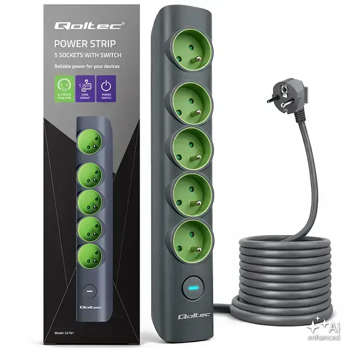 Qoltec Power strip with backlit switch | 5-in-1 extension lead | 5 earthed sockets | 1.8m