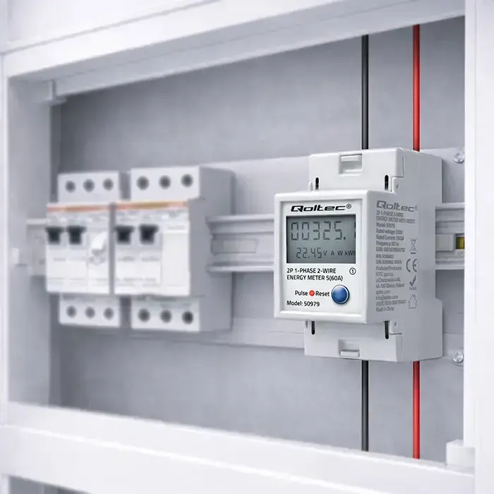 Qoltec Single-phase electronic energy consumption meter for DIN rail | RESET | periodic and continuous meter | 230V | 60A | LCD | LED | 2P Фото num