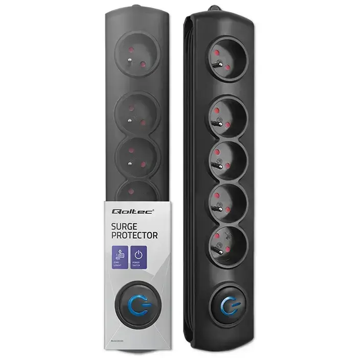 Qoltec Surge protector | 5 sockets | 1.8m | Black