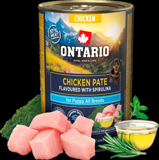 Konservi kucēniem - Ontario Puppy chicken pate with spirulina flavor 400g