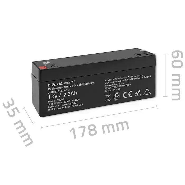 Qoltec AGM battery | 12V | 2.3Ah | Maintenance-free | Efficient| LongLife | for UPS, scale, cash register Foto 8