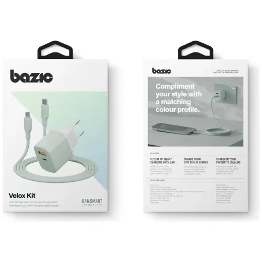 Wall charger Bazic GoPort Velox Kit USB-C|USB-A GaN 35W with cable green Photo