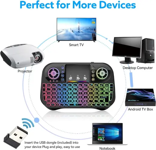 Компактная беспроводная клавиатура Fusion Rainbow с тачпадом и разноцветной подсветкой для Android | iOS | TV | PC Фото num