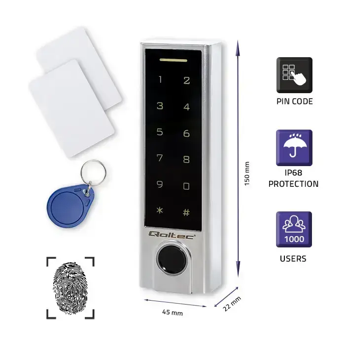 Qoltec Code lock PROTEUS with fingerprint reader | RFID | Code | Card | key fob | Doorbell | IP68 | EM Foto 2