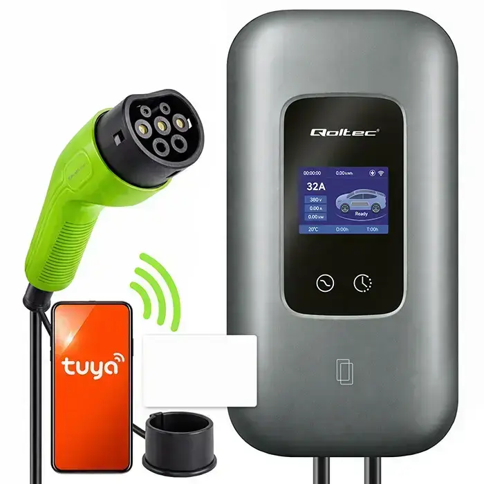 Qoltec EV Charging Station Type2 | 3 phases | 22kW | 32A | Wi-fi | LCD | RFID | Smart life | TUYA | Wallbox | 5m