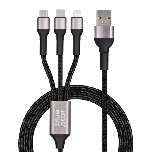Cable 3in1 USB A to Lightning / Micro USB / USB C Blue Star 2,4A with braid 1,2 m TFK-DC-010 black Photo