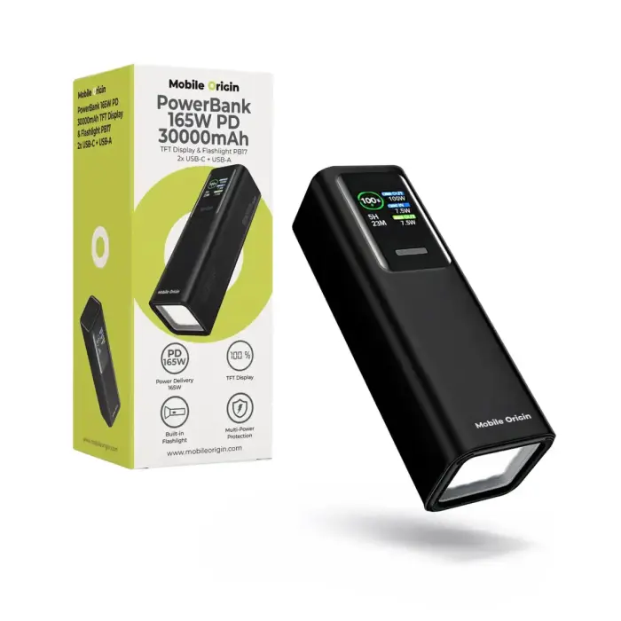 Mobile Origin 30000 mAh TFT Display & Flashlight PowerBank PB17 - 2x USB-C + USB-A