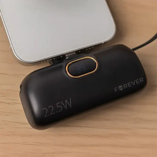 Forever mini MTB-100 external battery (powerbank) | 5000 mAh | 22.5W | Lightning, USB-C | LED display | black Photo