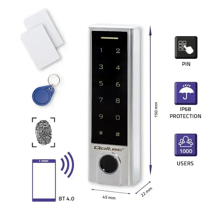 Qoltec Code lock TITAN with fingerprint reader | RFID | BT 4.0 |Code | Card | key fob | Doorbell| IP68 | EM Foto 2