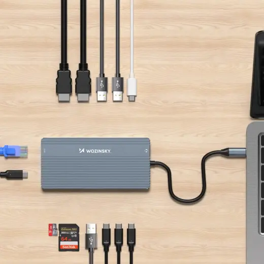USB-C Hub 14 in 1 Wozinsky WDS03Y5S Multifunctional, Aluminum, for 3 Monitors, with 15 cm Cable - Gray Фото num