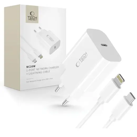 Tech-Protect NC20W Wall Charger with 100 cm USB-C | Lightning Cable - White