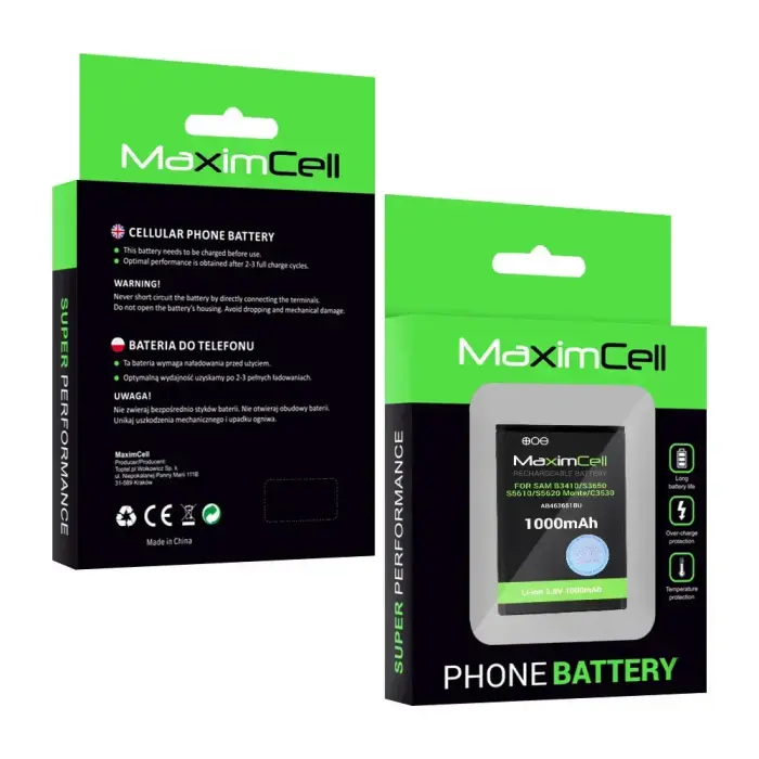 Maximcell Battery for Samsung B3410/S3650 Corby/S5610/S5620 Monte/C3530 (AB463651BU) 1000mAh Li-ion Foto 2