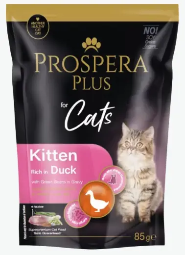 Konservi kaķēniem - Prospera Plus, Cat Pouch Kitten, Duck and Green Beans, 85 g