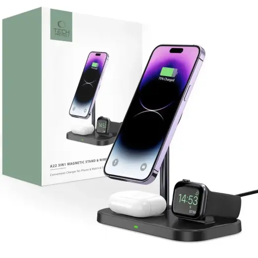 Индуктивное зарядное устройство Tech-Protect QI15W-A22 с подставкой 3 в 1 MagSafe для смартфона | Apple Watch | AirPods - черный Фото num