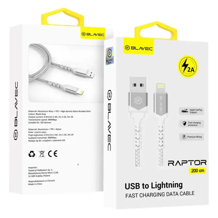 Blavec Raptor CRA-UL2WS30 datu pārraides un uzlādes vads | USB-A uz Lightning | 10W | 3m | balts, sudrabs