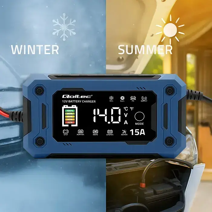 Qoltec Intelligent microprocessor charger 12V 15A | Rectifier with repair function and maintaining power supply during battery replacement | for AGM GEL LiFePO4 | LCD Foto 7