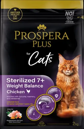 Barība kaķiem – Prospera Plus Sterilized 7+ Chicken Weight Balance, 2 kg