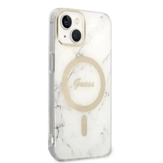 Zestaw Guess GUBPP14SHMEACSH Case+  Charger iPhone 14 | 15 | 13 6,1" biały|white hard case Marble MagSafe Фото num