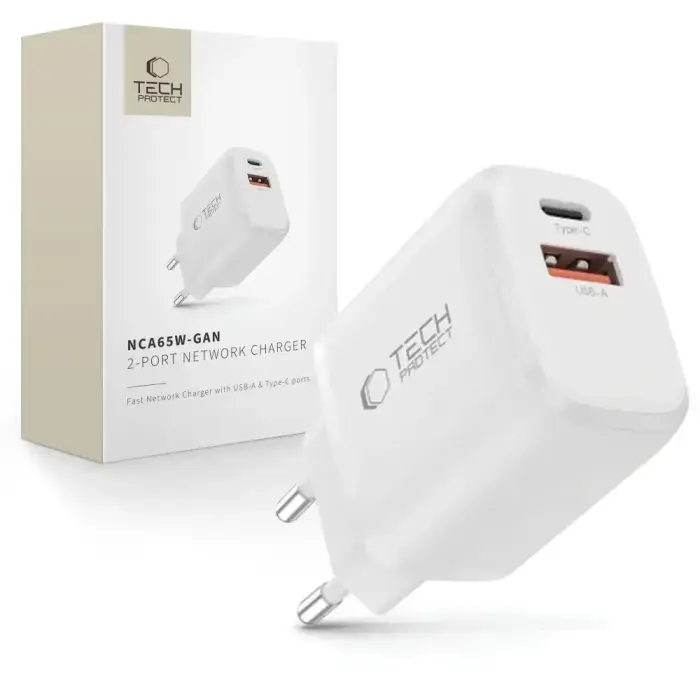 Зарядное устройство Tech-Protect NCA65W-GAN | 65W | PD, QC, GaN | USB-C, USB-A | белое