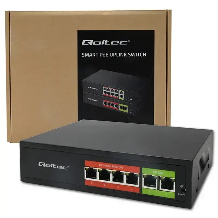 Qoltec FAST Ethernet PoE SWITCH | 4x RJ45 PoE | 2x RJ45 Uplink | 65W | 10/100 Mb/s Foto 12