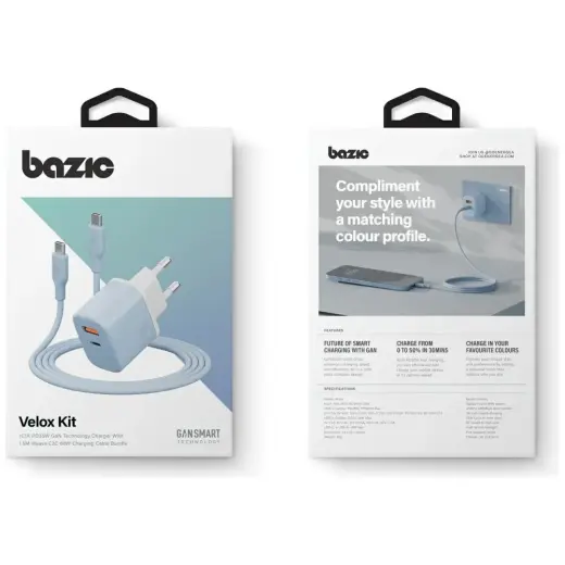 Wall charger Bazic GoPort Velox Kit USB-C|USB-A GaN 35W with cable blue Photo