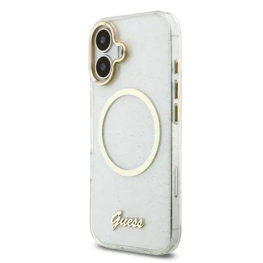 Guess IML Glitter Script Strap MagSafe Case for iPhone 17 Transparent