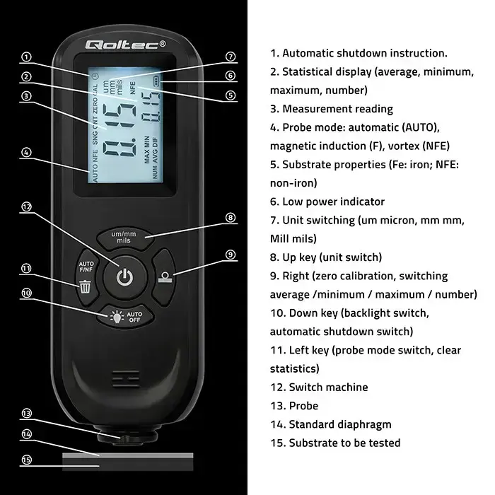 Qoltec Coating thickness gauge with illuminated side LCD | 0 ~ 2000um Foto 9