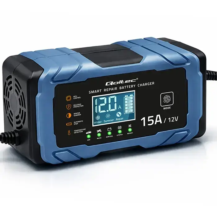 Qoltec Intelligent microprocessor charger 12V 15A | Rectifier with repair function | AGM GEL LiFePO4 | 9-stage charging  Photo