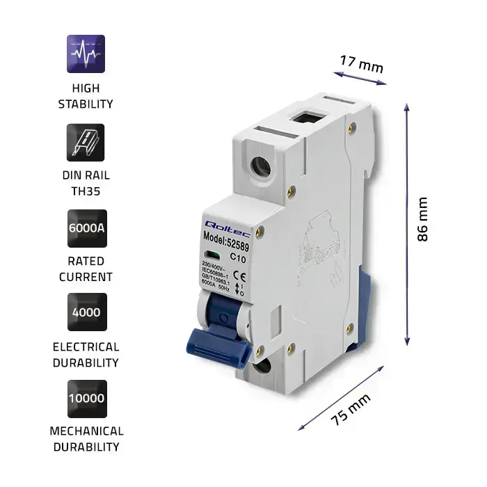 Qoltec Overcurrent Circuit Breaker C10 | Fuse | AC | 10A | 1P Фото num