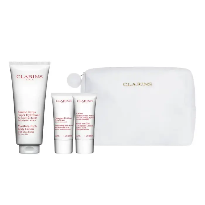 Set Clarins: Moisture-Rich, Shea Butter, Moisturising, Body Lotion, Body, 200 ml + Jeunesse Des Mains, Softening, Hand Cream, 30 ml + Gommage, Exfoliating, Body Scrub, 30 ml + Clarins, Zippered, GWP Textile Pouch, White