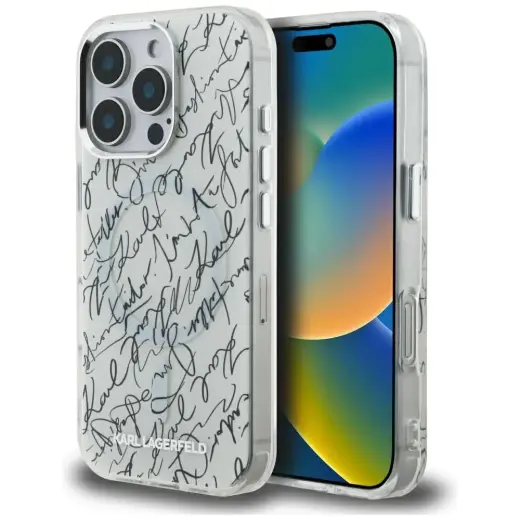 Case Karl Lagerfeld IML Karl Script Pattern MagSafe for iPhone 16 Pro Max white