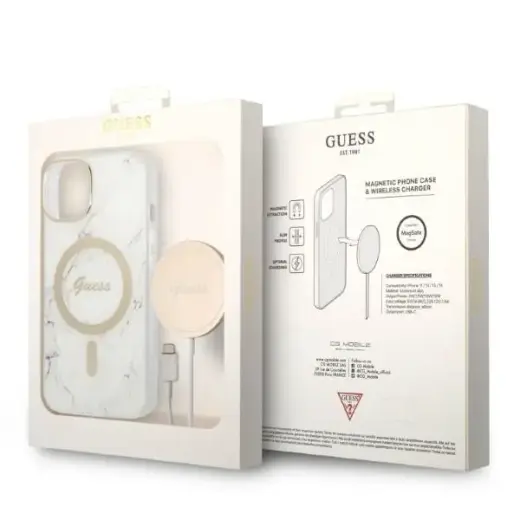 Zestaw Guess GUBPP14SHMEACSH Case+  Charger iPhone 14 | 15 | 13 6,1" biały|white hard case Marble MagSafe Фото num