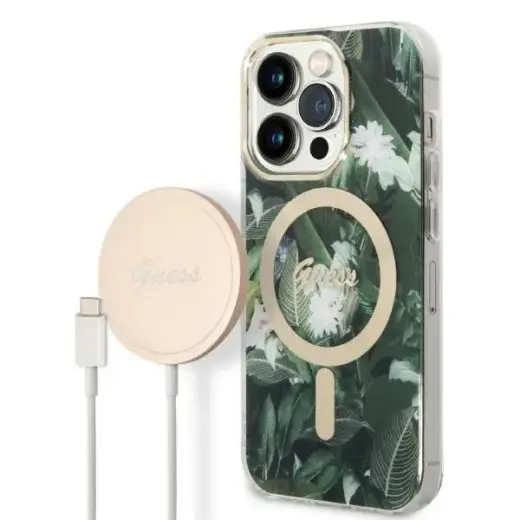 Zestaw Guess GUBPP14LHJEACSA Case+ Charger iPhone 14 Pro 6,1" zielony|green hard case Jungle MagSafe Фото num