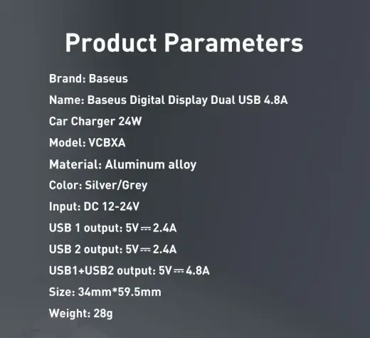 Зарядка для автомобиля Baseus Digital Display Dual USB 4.8A | 24W | USB-A, USB-C, micro USB, Lightning | с кабелем USB-A на USB-C, micro USB, Lightning в комплекте | с LCD дисплеем | черная Фото num