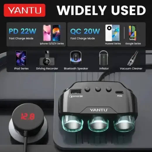 Car Cigarette Lighter Socket Splitter LM21 - 3 sockets + USB + Type C - QC 3.0 PD 3A 122W with display and cable Foto 7