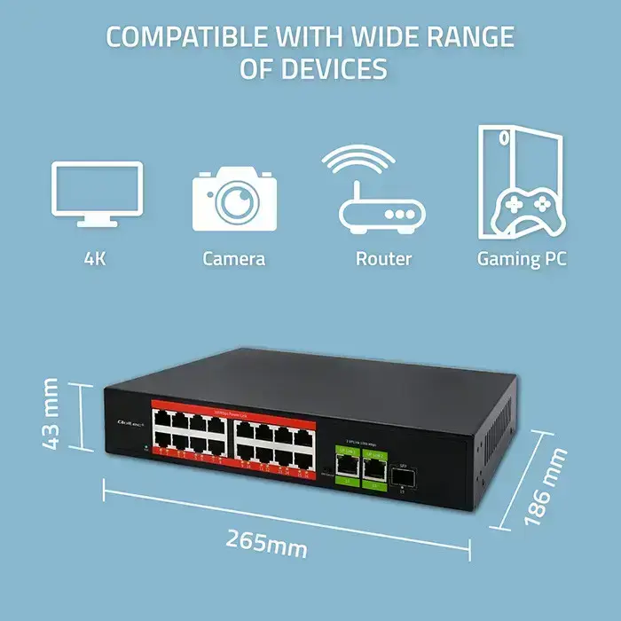 Qoltec Fast Ethernet PoE SWITCH | 16x RJ45 10/100 Mb/s |  2x RJ45 Uplink 1000 Mb/s | 1x SFP 1000 Mb/s Foto 2