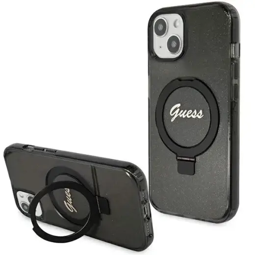 Guess Ring Stand Script Glitter MagSafe Case for iPhone 15 Plus | 14 Plus - Black