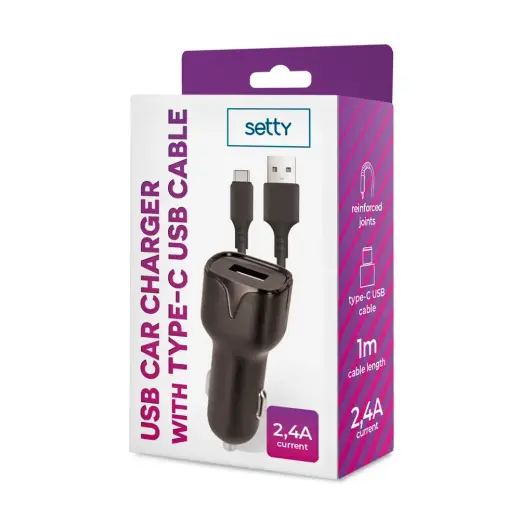 Setty зарядка для автомобиля | 12W | USB-A | с кабелем USB-C в комплекте | черная Фото num