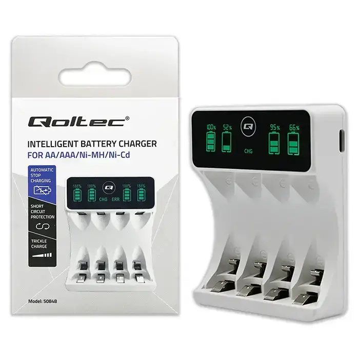 Qoltec Battery Charger for Ni-MH type R03 AAA R6 AA | LCD | USB-C cable | White  Foto 10