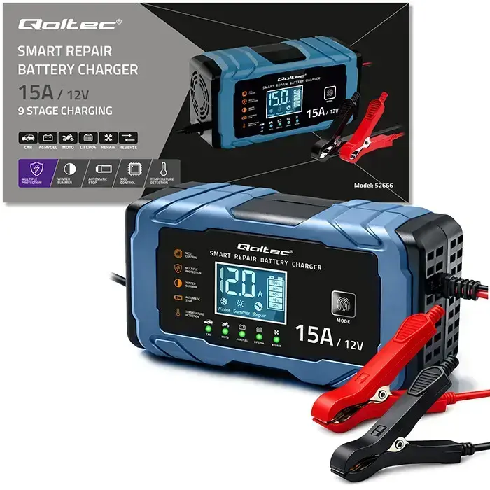 Qoltec Intelligent microprocessor charger 12V 15A | Rectifier with repair function | AGM GEL LiFePO4 | 9-stage charging  Photo