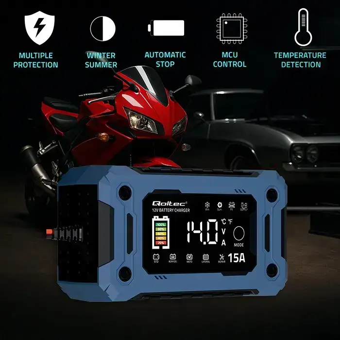 Qoltec Intelligent microprocessor charger 12V 15A | Rectifier with repair function and maintaining power supply during battery replacement | for AGM GEL LiFePO4 | LCD Foto 3