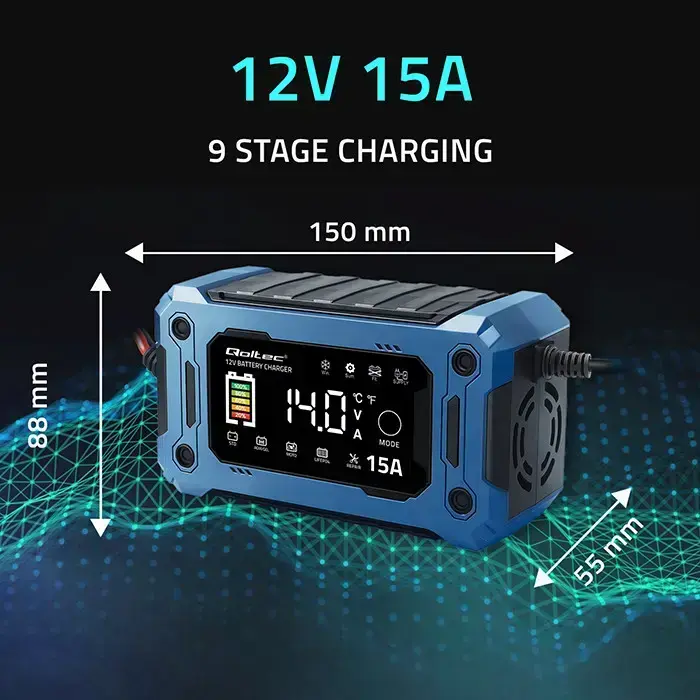 Qoltec Intelligent microprocessor charger 12V 15A | Rectifier with repair function and maintaining power supply during battery replacement | for AGM GEL LiFePO4 | LCD Foto 10