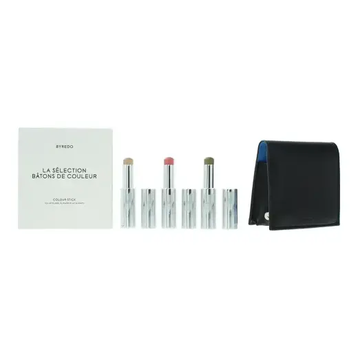 Blue Set Byredo: Colour Stick, Multifunctional, Eyeshadow Stick, 509, Solar Flare, 3.5 g + Colour Stick, Multifunctional, Eyeshadow Stick, Kumato Face, 3.5 g + Colour Stick, Multifunctional, Eyeshadow Stick, Flower Play, 3.5 g + Byredo, GWP Leather Pouch